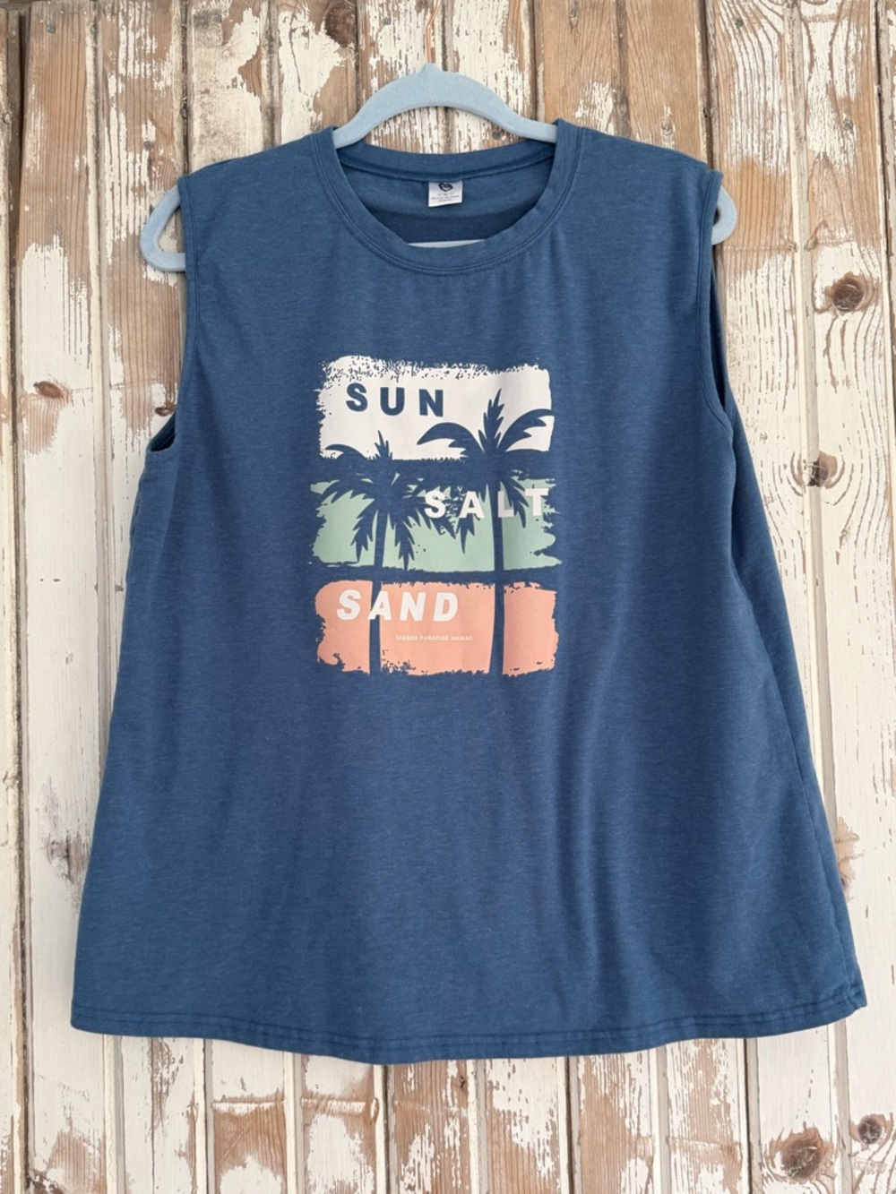 Classic Women's Sleeveless Tank T-Shirt, Blue, “Sun, Salt, Sand, Hawaii” Size XL